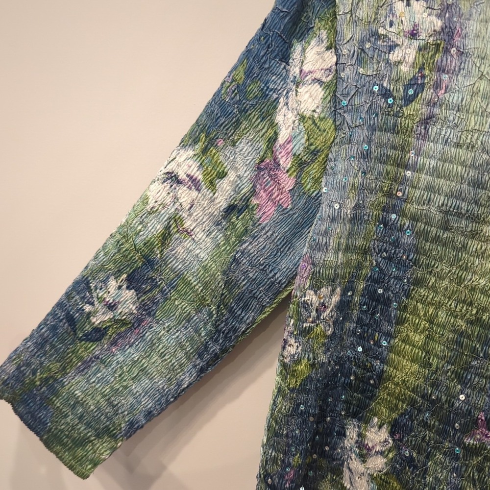 Y2K Crinkle Sequin Top Green Blue 3/4 Sleeve Blouse‎ L image 4